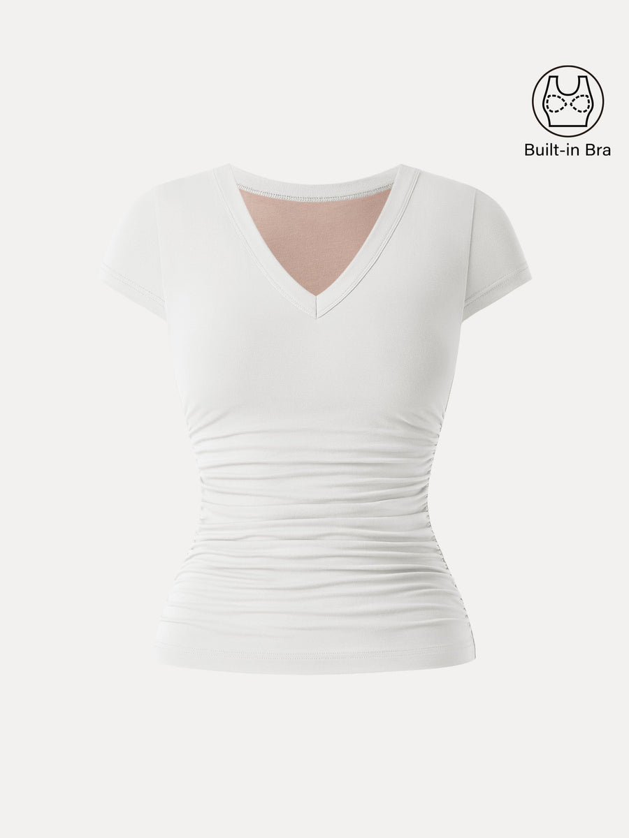 Elevated V-neck Side Ruched Cap Sleeve Bra Tee