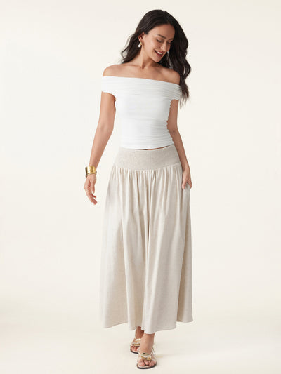 European Linen Smocked Waist Skirt with Pockets
