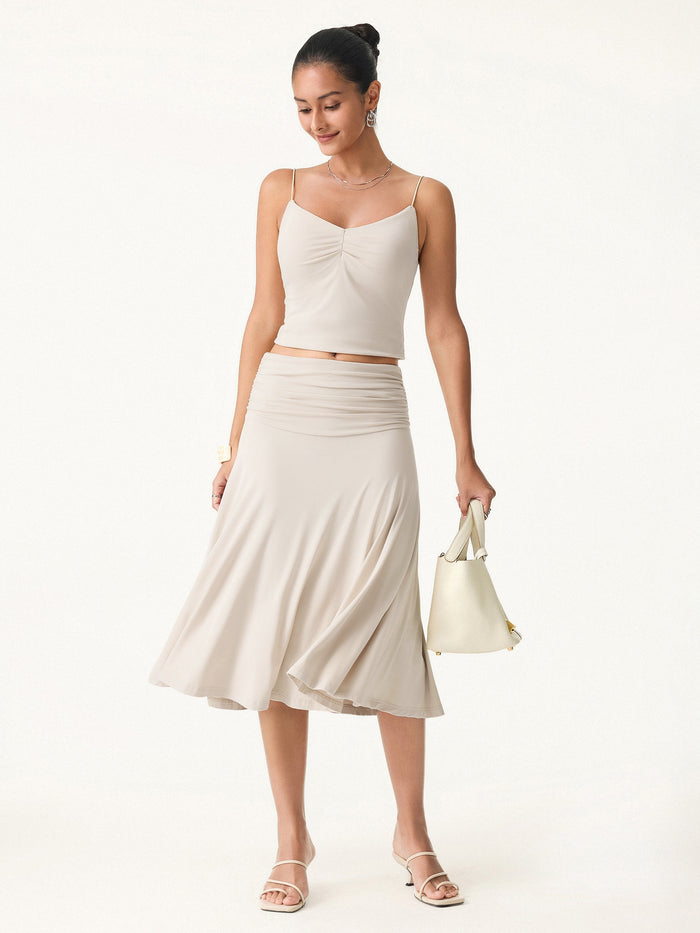 Flowy Side Ruched A-line Midi Skirt