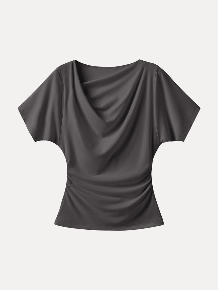 Asymmetrical Cowl Neck Ruched Top