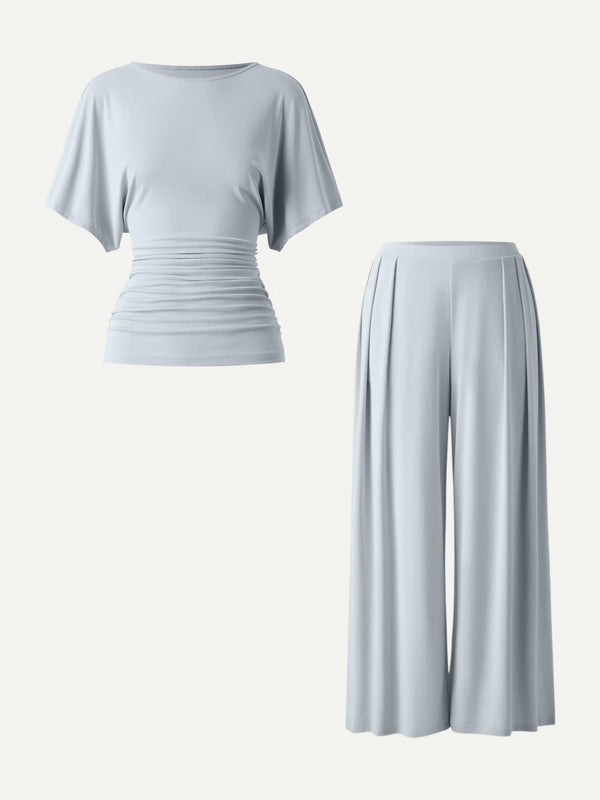2Pcs Set Boatneck Batwing Sleeve Top & Wide Leg Palazzo Pant with Pockets