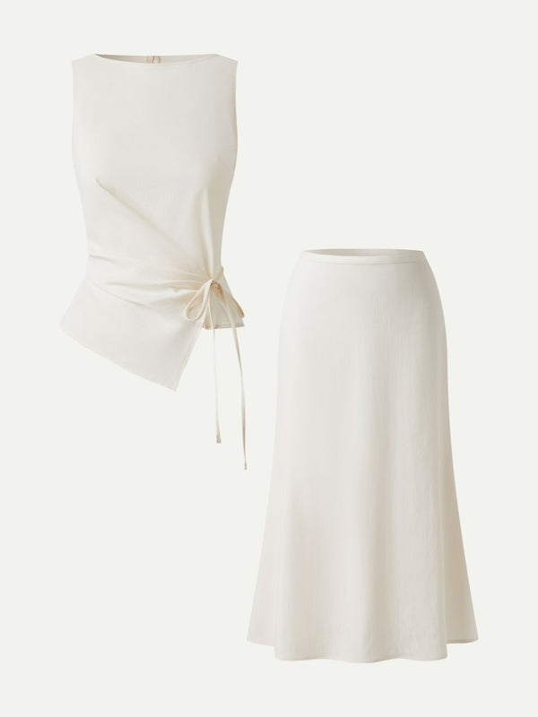 2Pcs Set Boatneck Waist-Defined Top & Maxi Flared Pull-On Skirt