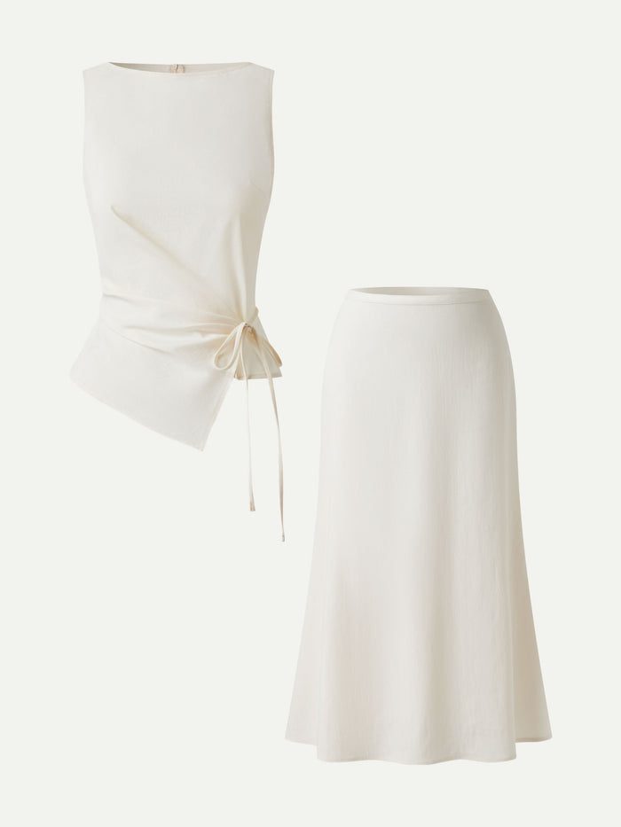 2Pcs Set Boatneck Waist-Defined Top & Maxi Flared Pull-On Skirt