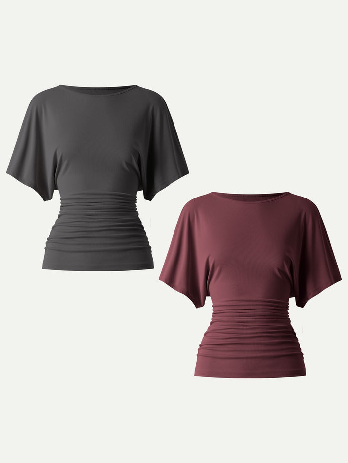 Effortless Boatneck Batwing Sleeve Side Ruched Top