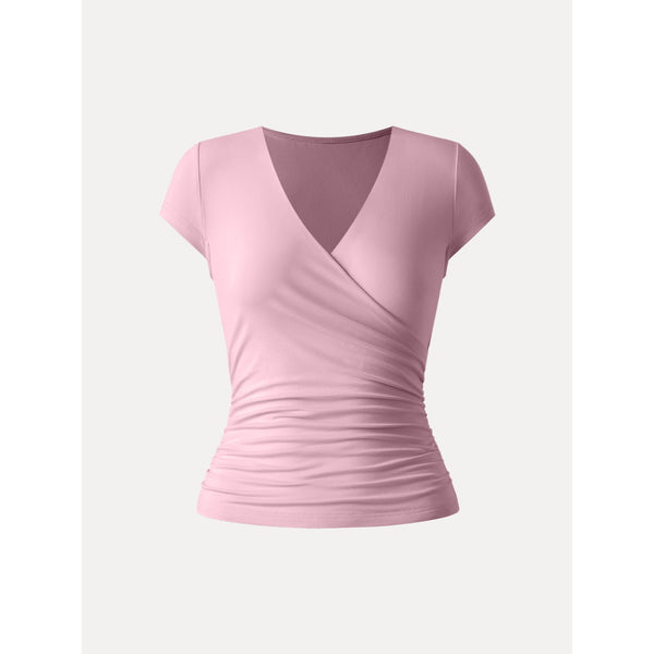Surplice Cap Sleeve Side Ruched Fitted Tee