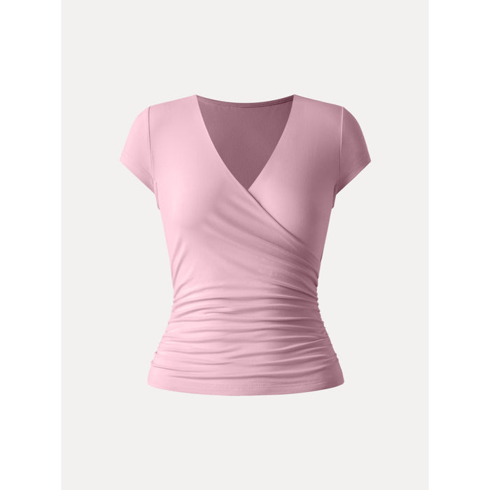 Surplice Cap Sleeve Side Ruched Fitted Tee