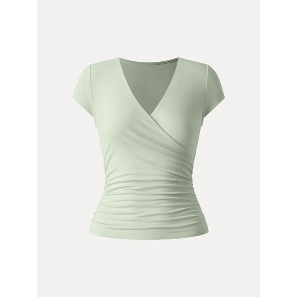 Surplice Cap Sleeve Side Ruched Fitted Tee