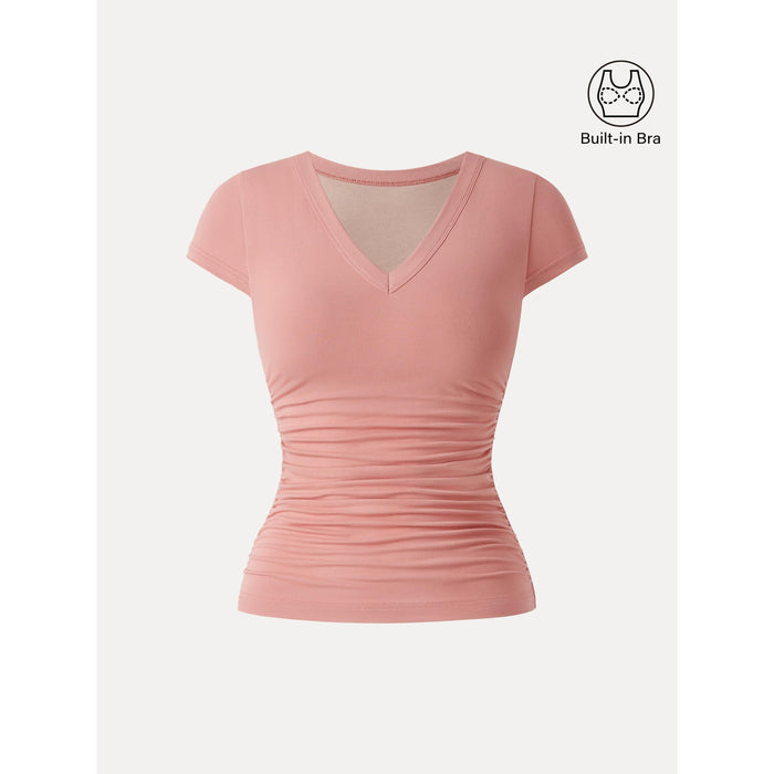 Elevated V-neck Side Ruched Cap Sleeve Bra Tee
